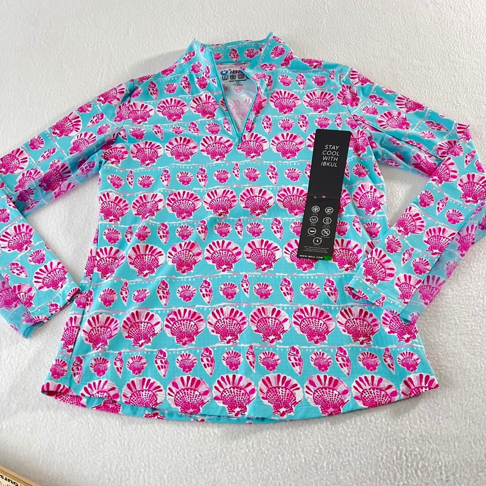 IBKUL Mock Neck Top Women M Shelly Seafoam Pink Shell LS Mesh 1/4 Zip UPF50 Golf
